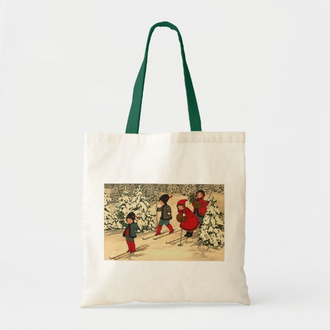 Bolso De Tela Niños vintage patinando a través de un bosque neva (Frente)