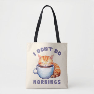 Bolso De Tela No hago mañanas - un gato Naranja con café.