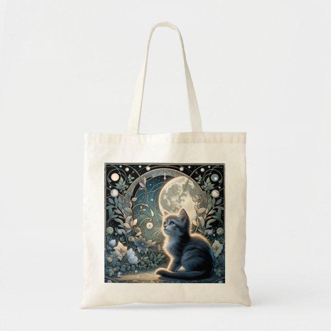 Bolso De Tela Noche azul Moon Kitten Art Nouveau (Frente)