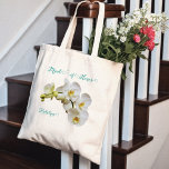 Bolso De Tela Noche Orchids Boda Regalo Tote Bag<br><div class="desc">Bolsa de regalo de honor con diseño de orquídeas blancas. Crea para todos los miembros del partido de la novia, con su título en la parte superior y su nombre bajo el tallo de las orquídeas. El guión elegante y giratorio es de color azul-verde. El bolso tote de bajo coste...</div>