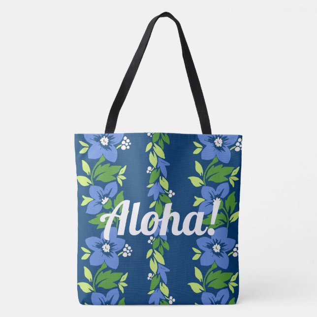 Bolso De Tela Noelani Lei Hawaii Banda Floral Azul (Anverso)