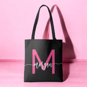 Bolso De Tela Nombra de Monograma del guión moderno rosado calie