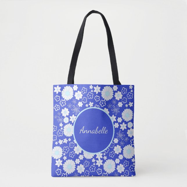 Bolso De Tela Nombrado Personalizado de patrón floral azul (Anverso)