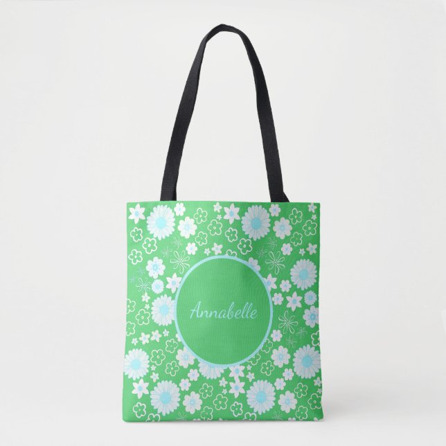 Bolso De Tela Nombran a Personalizado de patrón floral verde (Anverso)