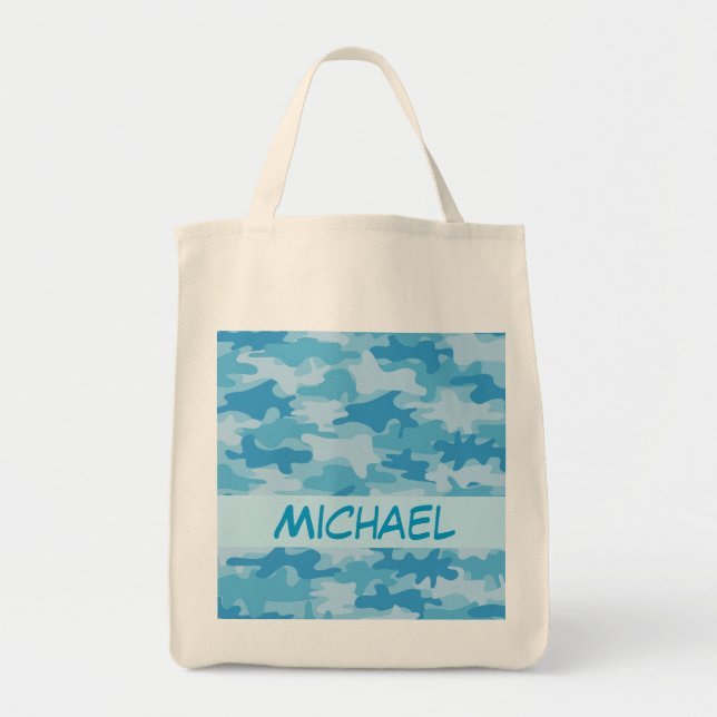 Bolso De Tela Nombre azul del camuflaje de Camo personalizado (Frente)