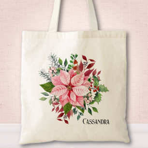 Bolso De Tela Nombre, Berries de Poinsettia Rosa y follaje verde