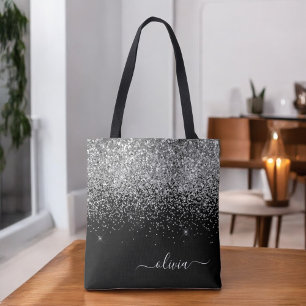 Bolso De Tela Nombre con Monograma Brillante Plateado Negro Feme