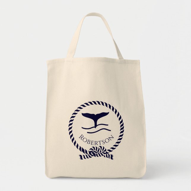 Bolso De Tela Nombre costero náutico Marina de ballena Azul (Frente)