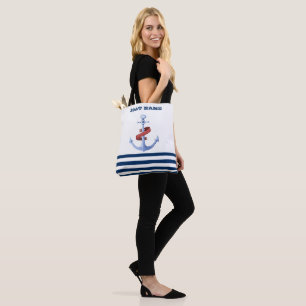 Bolso De Tela Nombre de Barco Náutico, Ancla Azul Franjas Azules