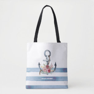 Bolso De Tela Nombre de Barco Náutico, Flores de Ancla Rayas