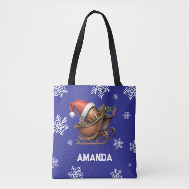 Bolso De Tela Nombre de Cute Blue Football Santa Sleigh (Anverso)