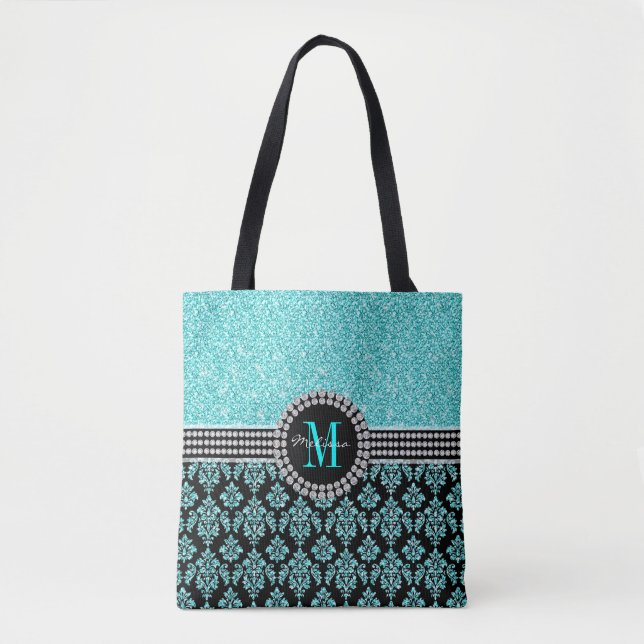 Bolso De Tela Nombre de Damasco Monograma del Purpurina azul Gir (Anverso)