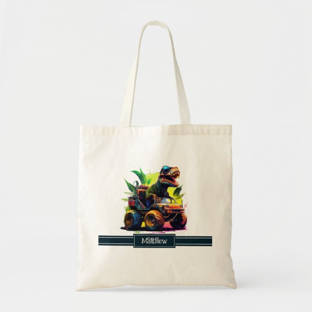 Bolso De Tela Nombre de dinosaurio de camión de montura de T-Rex (Frente)