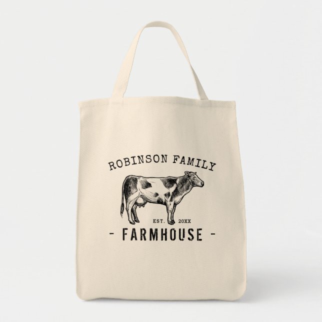 Bolso De Tela Nombre de familia Farmhouse Rústico Leche Vaca (Frente)