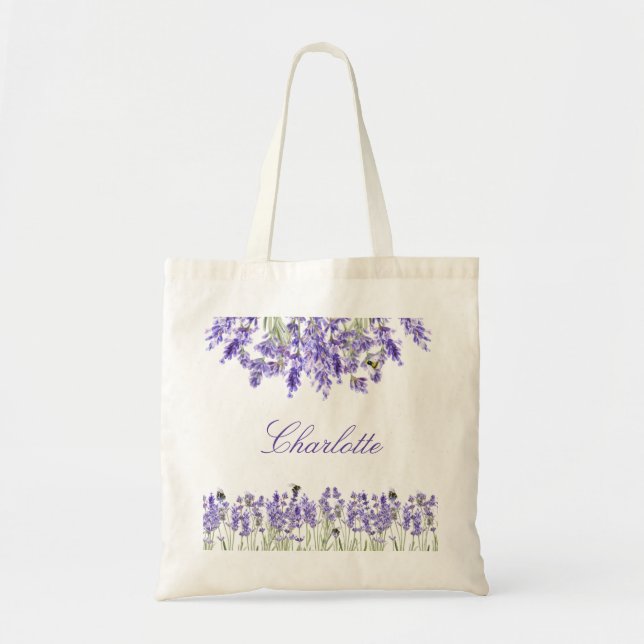 Bolso De Tela Nombre de flores de violeta lavanda escritura (Frente)