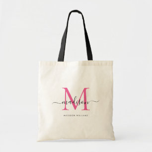 Bolso De Tela Nombre de guión inicial de monograma negro rosa ca