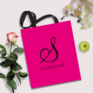 Bolso De Tela Nombre de guión inicial de monograma rosa negro de