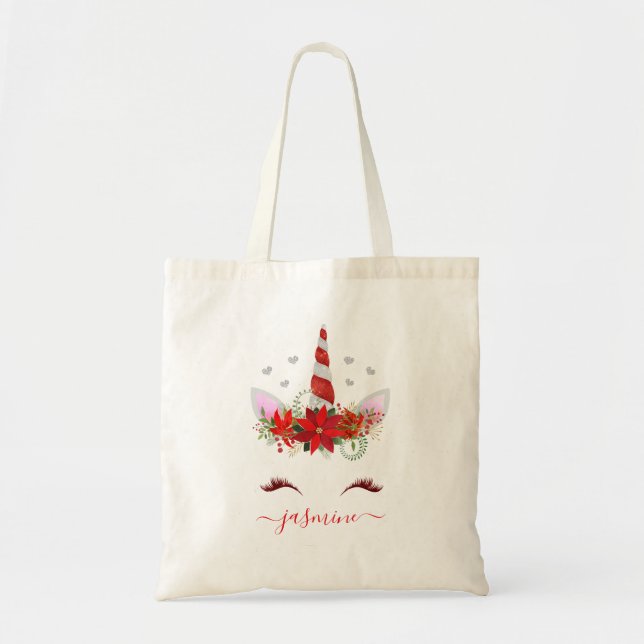 Bolso De Tela Nombre de guión rojo de unicornio para navidades (Frente)