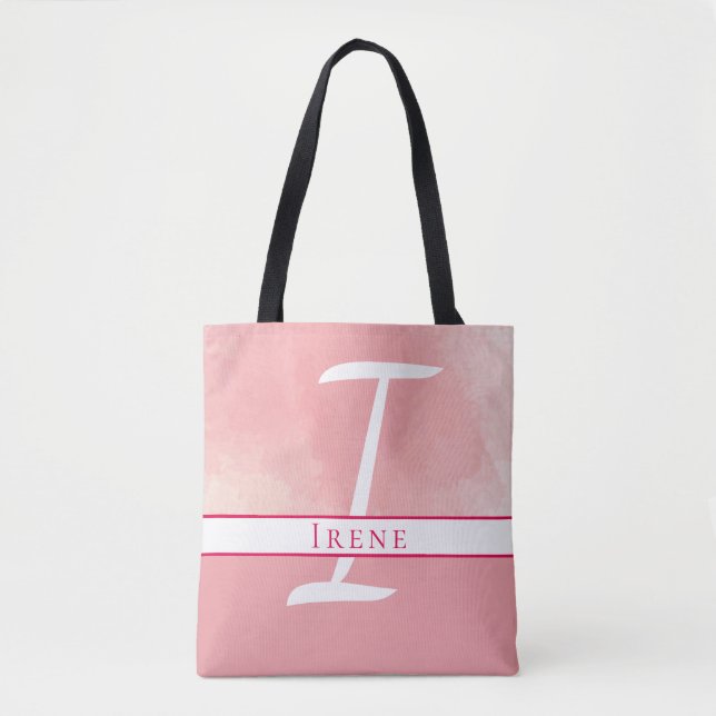 Bolso De Tela Nombre de la acuarela de monograma rosa (Anverso)