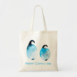 Bolso De Tela Nombre de la biblioteca de pingüinos lindos acuare