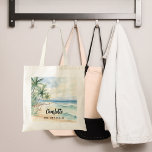 Bolso De Tela Nombre de la boda de la playa de la dama de honor<br><div class="desc">Una playa tropical,  con olas y palmeras,  de color acuático. Personalice y agregue el nombre de su dama de honor. Guión de estilo manuscrito negro.</div>