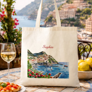 Bolso De Tela Nombre de la Costa Amalfitana Italiana con Acuarel