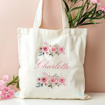 Bolso De Tela Nombre de la dama de honor floral rosa<br><div class="desc">Marca de tote de la dama de honor floral rosa Esta elegante bolsa de tetas con acuarela floral rosa es una perfecta propuesta de dama de honor o un regalo. Con un nombre personalizado en caligrafía hermosa, es un accesorio elegante y práctico para la celebración de su boda. Su delicado...</div>