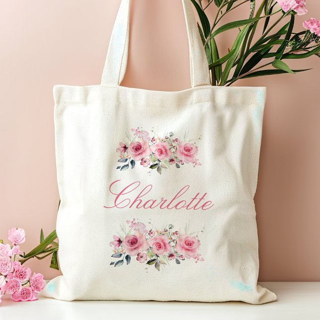 Bolso De Tela Nombre de la dama de honor floral rosa (Subido por el creador)