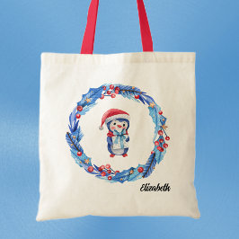 Bolso De Tela Nombre de la guirnalda azul y pingüino rojo