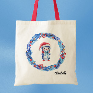 Bolso De Tela Nombre de la guirnalda azul y pingüino rojo