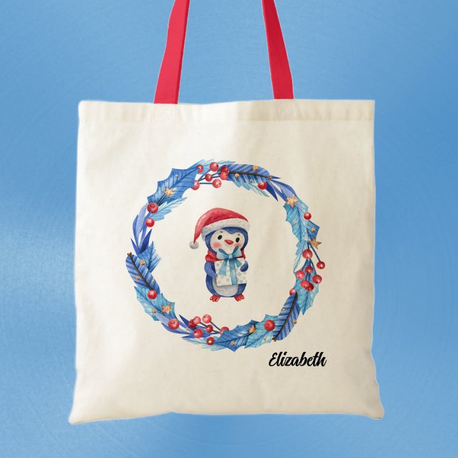 Bolso De Tela Nombre de la guirnalda azul y pingüino rojo (Subido por el creador)
