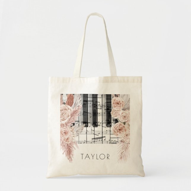 Bolso De Tela nombre de la música boho flowers pampas (Frente)