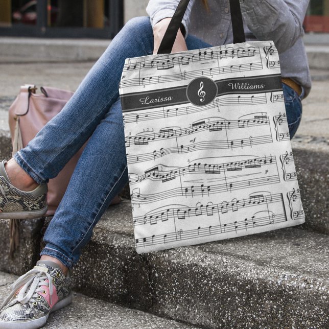 Bolso De Tela Nombre de las notas musicales en blanco y negro (music lessons tote)