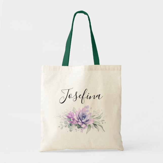 Bolso De Tela Nombre de letra elegante de suculentas y vegetació (Frente)