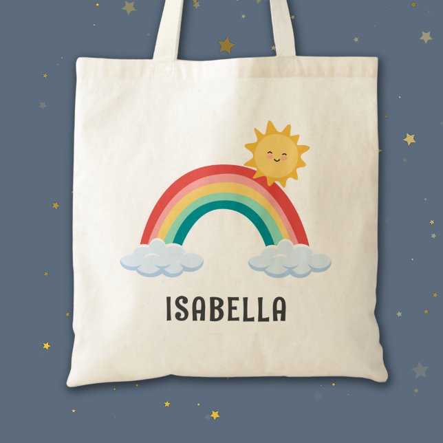 Bolso De Tela Nombre de los niños de moda y sincera Personalizad (Girls Trendy Whimsical Rainbow Cartoon Kids Name Tote Bag)