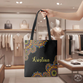 Bolso De Tela Nombre de Mandala Floral en Negro y Colores Vibran
