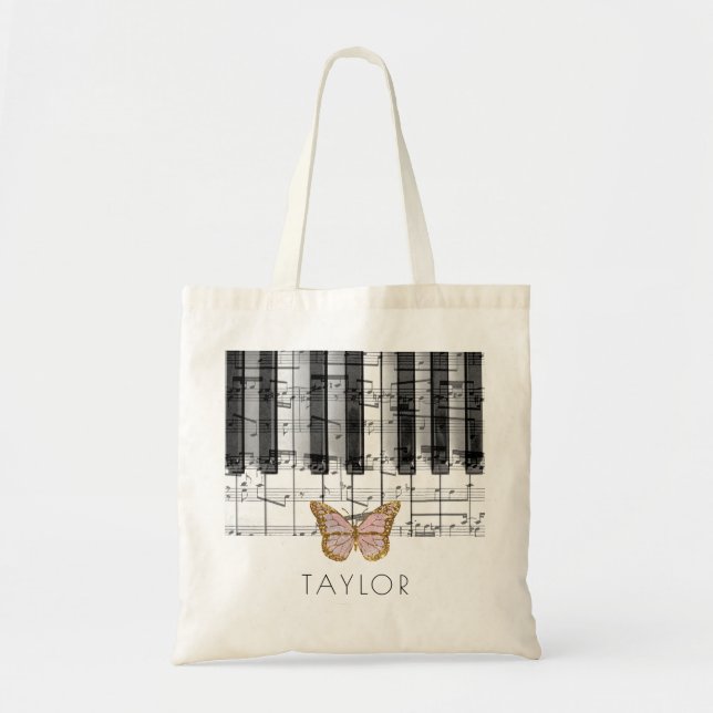 Bolso De Tela nombre de mariposa de piano de música (Frente)