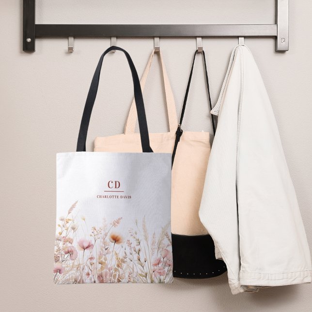 Bolso De Tela Nombre de monograma beige rosado de flores silvest (Subido por el creador)