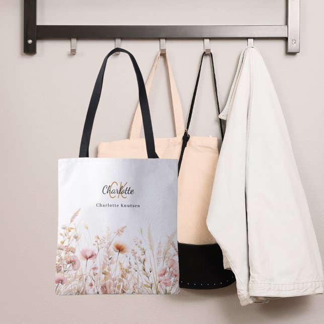 Bolso De Tela Nombre de monograma beige rosado de flores silvest (Subido por el creador)