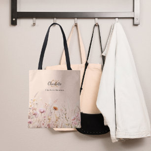 Bolso De Tela Nombre de monograma beige rosado de flores silvest