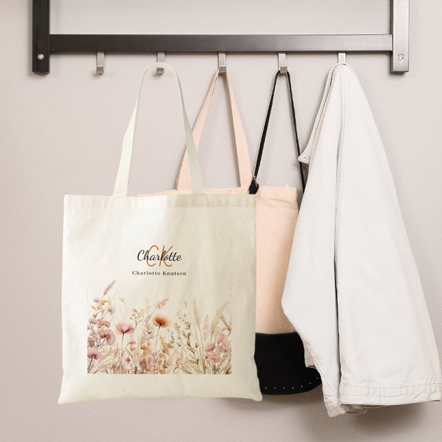 Bolso De Tela Nombre de monograma beige rosado de flores silvest (Subido por el creador)