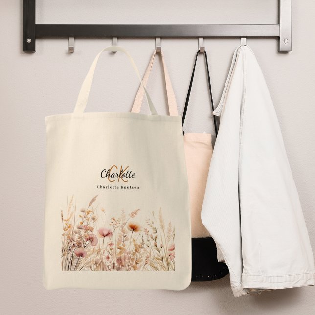 Bolso De Tela Nombre de monograma beige rosado de flores silvest (Subido por el creador)
