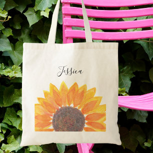 Bolso De Tela Nombre de monograma de girasol amarillo personaliz