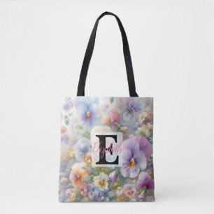 Bolso De Tela Nombre de monograma en acuarela Flores en pasteles