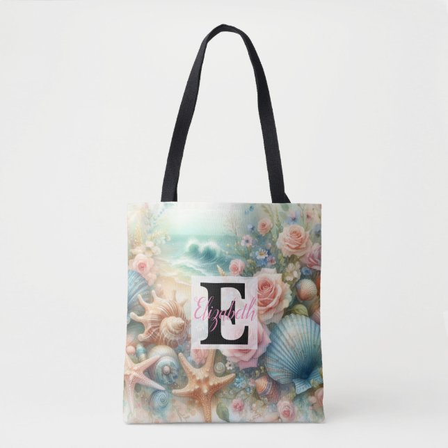 Bolso De Tela Nombre de monograma en acuarela Flores marinas con (Anverso)
