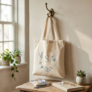Bolso De Tela Nombre de monograma floral azul polvoriento de veg