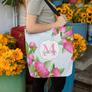 Bolso De Tela Nombre de monograma floral rosa personalizado