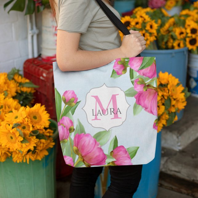 Bolso De Tela Nombre de monograma floral rosa personalizado (Subido por el creador)