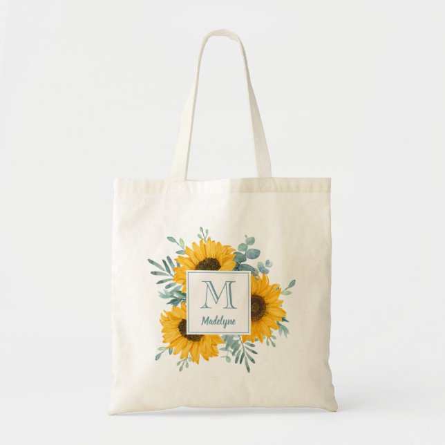 Bolso De Tela Nombre de monograma girasol personalizado (Frente)