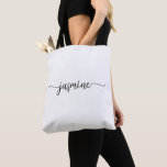 Bolso De Tela Nombre de monograma personalizado de color blanco<br><div class="desc">Moderno Elegante Minimalista Limpio Blanco Feminine Monograma Firma Guión Personalizado Personalizado Tote Bag. Este diseño presenta su nombre de pila en una tipografía con tipografía con tipografía de tipografía con tipografía de cola de bonito (o caligrafía) en color negro sobre fondo blanco. Gran regalo femenino para cumpleaños, Navidades, boda, dulce...</div>